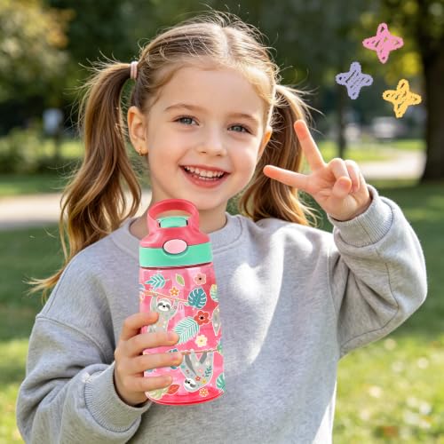 Kids Plastic Water Bottle - Sloth Water Bottle for Kids, 14oz Plastic Water Bottles with Straw Lid, Leakproof BPA-Free Cute Sloth Water Bottles for Home Sports Travel, Pop-Up Straw Cover, Pink - color: Sloth