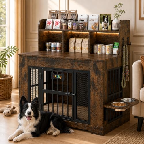 Petrova 33" Dog Crate Furniture with Storage Shelf & 2 Stainless Steel Bowls, Heavy Duty Indoor Dog Kennel for Medium/Small Dogs, Wooden Dog Cage with 4 Hooks, LED Light, Walnut Brown - color: Brown, size: 33.9"L x 21.9"W x 37.2"H