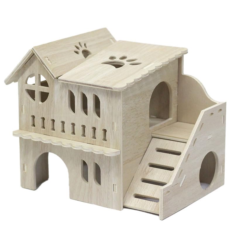 Large Wooden Hamster House & Gerbil Hideout – 8.5" Double-Decker Maze Hut with Slide, Multi-Level Small Animal Cage Accessory for Dwarf Hamsters, Mice, Rats, Gerbils﻿ - color: WOOD