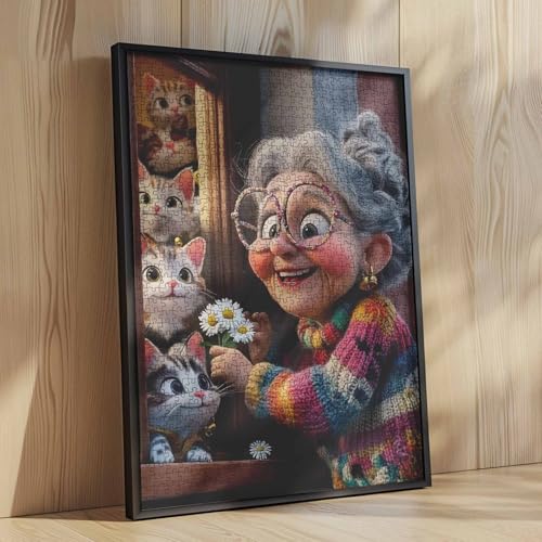 Black Hair Woman 1000 Piece Jigsaw Puzzles for Adults Portrait of Grandmother Painting Jigsaw Puzzle Cute Animal Cat 1000 Pieces Puzzles Game Home Wall Decor DIY Craft Puzzle Art Gift (Colorful) - color: Artwork-54