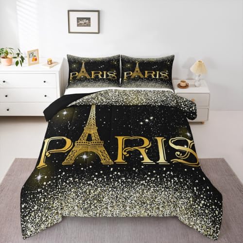 Erosebridal 3 Pcs Eiffel Tower Comforter Set,City Building of Paris Quilted Comforter Full Size,Gold Yellow Ombre Glitter Bedding Set with 2 Pillow Cases - color: Multi 30, size: Full