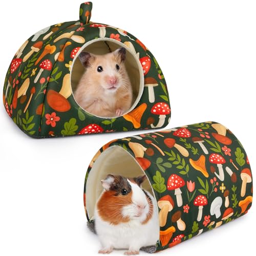 Bienbee Guinea Pig Hideout, 2 Piece Washable Set for Small Animals Small | Guinea Pig Bed With Soft Plush, Resilient Padding, and Easy Machine Washing for Resting Hiding and Tunnel Playing - color: Green Mushroom, size: Small(7.3"L x 7.3"W x 6.7"H)