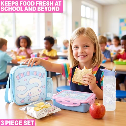 Get Trend Cinnamoroll Girls Lunch Box 3Pc Set | Kids Insulated Lunch Bag with BPA-Free Water Bottle and Bento Box, Back to School Kawaii Gifts for Girls - color: Blue/White Cinnamoroll