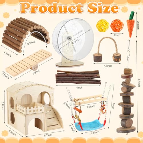 11 Pcs Hamster Cage Accessories Set, Bridge, Exercise Wheel, Swing, Chew Toys & More, Natural Wood Hamster Play Set for Dwarf Hamsters, Mice Small Animals Habitat(Wooden Hawaii House) - style: Wooden Hawaii House