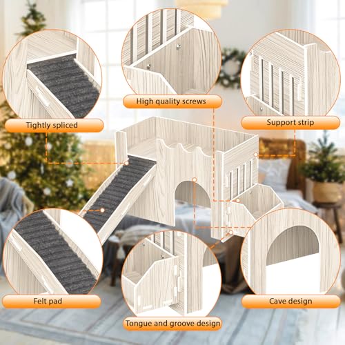 Guinea Pig Hideout House, Wooden Guinea Pig Castle with Feeding Basin, Guinea Pig Toys Accessories for Chinchilla Hamster Hedgehog Bunny