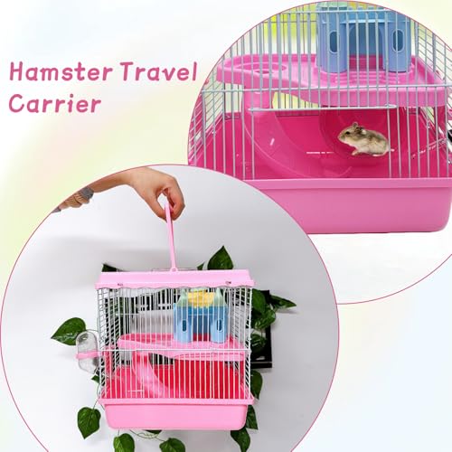 Tfwadmx Hamster Carrier, Dwarf Hamster Travel Cage, Portable Cages with Water Bottle, Gerbil Travel Carry Case Outdoor Vacation House for Small Mice(Pink,10.6”x8”x11.4”) - color: Pink