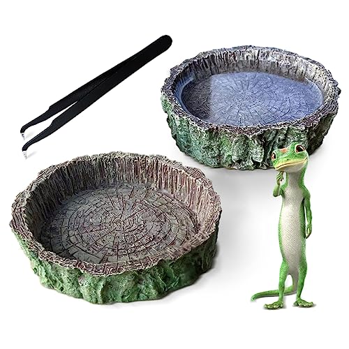 2PCS Reptile Food Water Dish, Tree Stump Feeding Bowl with Tweezers for Leopard Gecko, Lizard, Spider, Scorpion, Chameleon