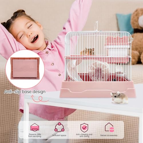 PINVNBY 2-Tier Dwarf Hamster Cage, Travel Portable Guinea Pig Cages Rat Cage and Habitats Small Animal Carrier with Castle House Running Exercise Wheels, Water Bottle and Food Dish (Pink - color: Pink, size: M: 11.7x8.7x9.8in