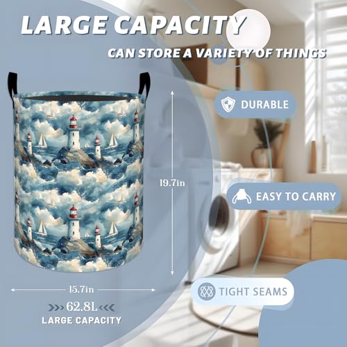 Nautical Lighthouse with Sailboat Scene Laundry Basket with Handles, 19.7"x15.7" Clothes Foldable Laundry Hamper Organizer for Dorm Nursery Bedroom Bathroom Decor, Toy Storage Bin for Kids - style: Lighthouse08