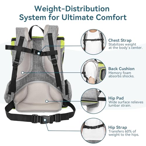 Petsfit Pet Backpack Carrier Easy-Fit Dog Travel Backpack Carrier for Hiking Walking Cycling Suitable for Small Medium Dogs Cats and Rabbits up to 22 Pounds, Green | 13.5 x 12.5 x 17.5 in; reinforced frame, 600D Oxford, 4 mesh panels, lockable zippers, sa