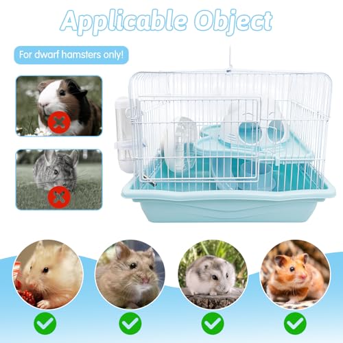 PINVNBY Dwarf Hamster Cage, Small Animal Cages, 2-Tier Travel Portable Mouse Cage Hamster Carrier with Castle House Running Exercise Wheels, Water Bottle and Food Dish（Blue） - color: Blue, size: L: 13.78x10.23x11.02in