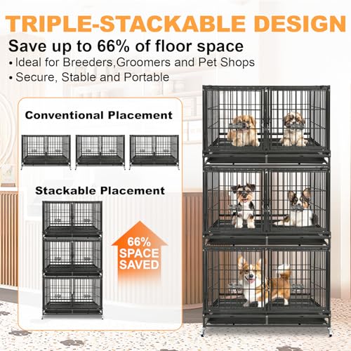 Homey Pet 2 Pack Three Tiers 43" Stackable Heavy Duty Double Dog Crate Bank | Commercial Modular Dog Kennel with Dual Front Doors, Divider, Auto Locks, Removable Tray, Bowls for Small and Medium Dogs - size: 43.0"L - 3 Tiers - 2P