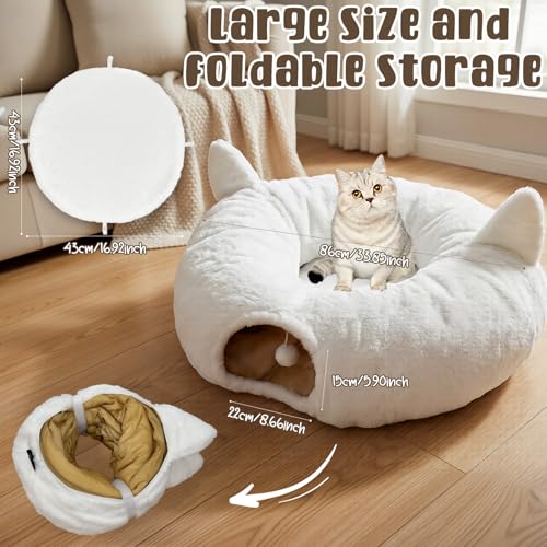 OurWarm Cat Tunnel Bed for Indoor Cats, Soft Plush Round Peekaboo Cat Bed Cave with Washable Cushion, Under Cristmas Tree Cat Donut Tunnel Toys for Kitten Rabbit Puppy (White)