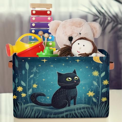 Cute Cat Storage Basket, Star Flower Foldable Storage Bin with Handle Fabric Rectangular Storage Box Organizer for Closet Shelf Home Office Nursery Toy Basket, 2 Pack - size: 2 Pack