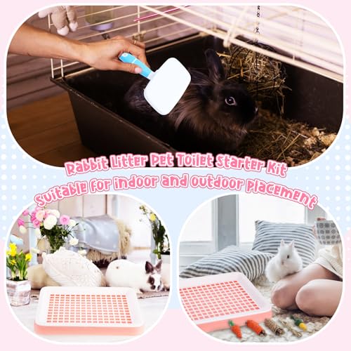 19 Pcs Rabbit Starter Kit Small Bunny Litter Box Rabbit Grooming Kit Water Bottle Bunny Toys Hay Feeder Bowl Blankets with Cleaning Set for Guinea Pig Accessories (Pink-White,Strawberry Bear) - color: Pink-white, style: Strawberry Bear