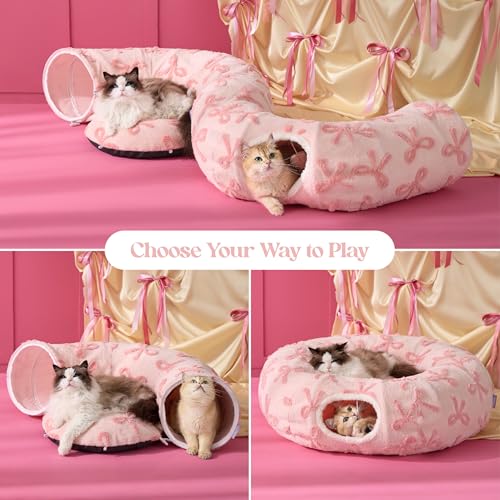 Lesure Donut Cute Jacquard Cat Tunnel Bed Kitten Toys for Puppy Bunny | 33.5x33.5x10in,Round Cat Bed Tube for Indoor Cats Rabbit Dog,Pet Peekaboo Cave Toy,Spiral Hideaway,Washable Cushion,Pink - color: Bow Pink Taffy, size: Standard (33.5"L x 33.5"W x 10"