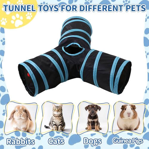 Pet Cat Tunnel, Y-3 Way Tunnels for Indoor Cats, Collapsible Pet Tunnel for Kitten, Puppy, Rabbit, 25cm-Wide Tunnels, Durable & Breathable, with Peek Hole Toy Ball - color: Y-junction Tunnel & Black/Blue