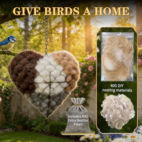 2pc Handmade Alpaca Fiber Heart Bird Nesting Material Holder Hummingbird Nest Balls Ornament for Cage Box Cage Accessories Nido Para Periquitos House for Wild Birds Handmade Metal Refillable Birds