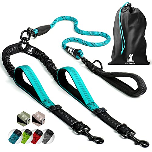 SparklyPets Double Dog Leash for 2 Dogs – Rope Bungee Dual Leash for Medium and Large Breeds with Padded Handles & Tangle Free (Teal, Medium/Large) - color: Teal