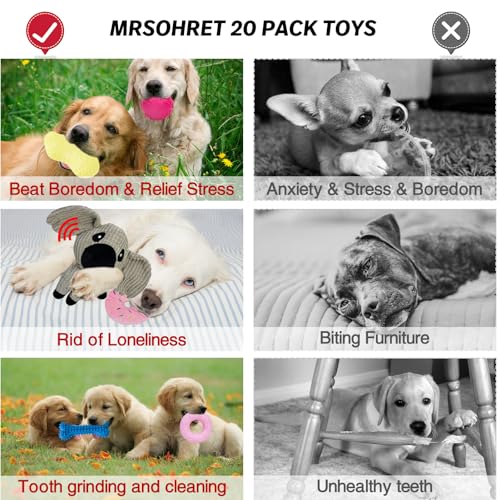 MRSOHRET 20Pcs Puppy Chew Toys for Teething, Dog Chew Toys with Rope Toys, Pet Dog Toothbrush, Treat Balls, Plush Toys and Squeaky Toy for Small Medium Dogs with Basket - color: 20 Pack Koala