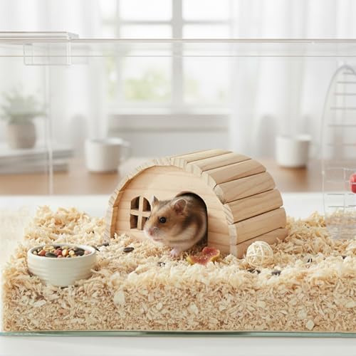 Natural Chewable Hamster Hideout Wooden Hut Lovely Fairy House for Dwarf Hamsters, Small,(7 x 5 x 4 inch)