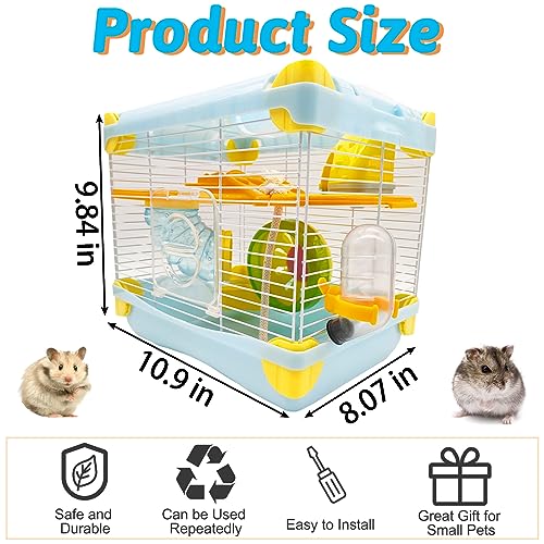 Hamiledyi Portable Hamster Cage 2 Layers Dwarf Hamster Habitat Small Animal Travel Cage with Exercise Wheel Hamster Enclosure Mouse Cage for Hamsters Mice Gerbils or Other Tiny Pets - color: Blue