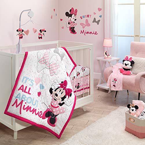 Lambs & Ivy Disney Baby Minnie Mouse Love Pink Heart Fitted Crib Sheet | Fits Standard Size Crib Measuring 52" x 28", Elastic All-Around, White Microfiber - color: Minnie Mouse Love, size: Standard Crib