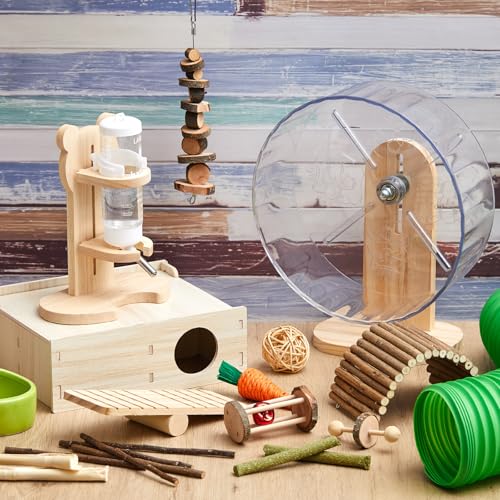 20 Pcs Hamster Toys Set, 16 Small Animal Chewing Toys, Maze Wood House, Silent Exercise Running Wheels and Water Bottle Set Feeding Bowl for Hamster Habitat Rat Cage Accessories(Green) - color: Green