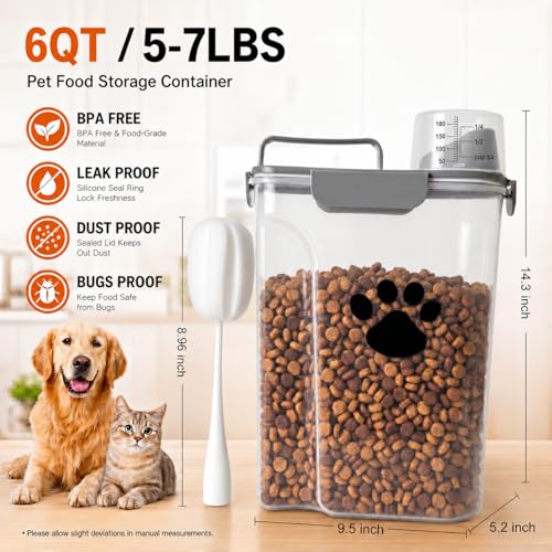5-7Lbs Dog Cat Food Storage Container with cleaning brush | 4 Snap Seals,Portable Pet Food Containers with Upgraded Large Nozzle and Measuring Cup,Cats,Birds(Large-Grey) - color: 6QT-Grey
