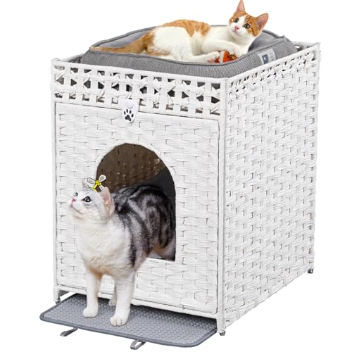 Snughome Cat Litter Box Enclosure Furniture Hidden with Litter Mat, Hidden Washroom Furniture with Door, Handwoven Rattan Cat Washroom Box, Indoor Pet House for Living Room, Bedroom(White) - color: White