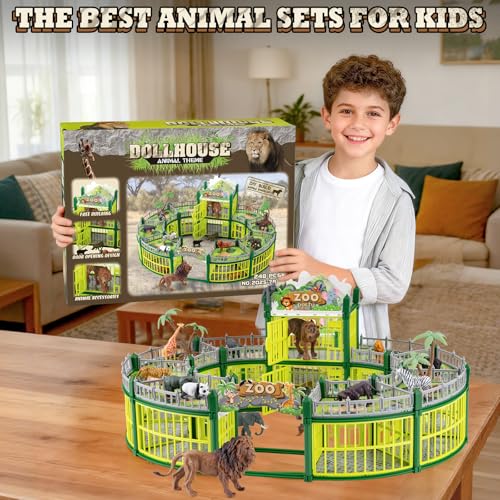 Complete 248PCS Animal Playground Set with 14 Realistic Wild Animals – Build Your Own Animal Park, Interactive Playset with Openable Fences & Battle Station, for Boys Girls Kids Toddlers 3-8 - color: Green