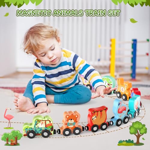 Zeoddler Toys for Toddlers, 11 Magnetic Wooden Animals Train Set, Montessori Toys for Toddlers, Learning Activities, Sensory Activities for Kids, Birthday Gifts for Boys, Girls - style: Forest Animal