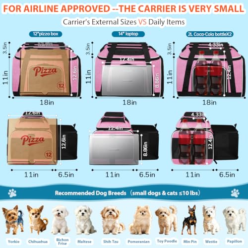 Top and Side Expandable Small Pet Carrier Airline Approved, Pink | 18"Lx11"Wx11"H, for Delta/United/American Airlines, Pets Under 10 Lbs, Lockable Zippers,Soft-Sided, Anti-Scratch Mesh - color: Pink, size: 18.0"L x 11.0"W x 11.0"H