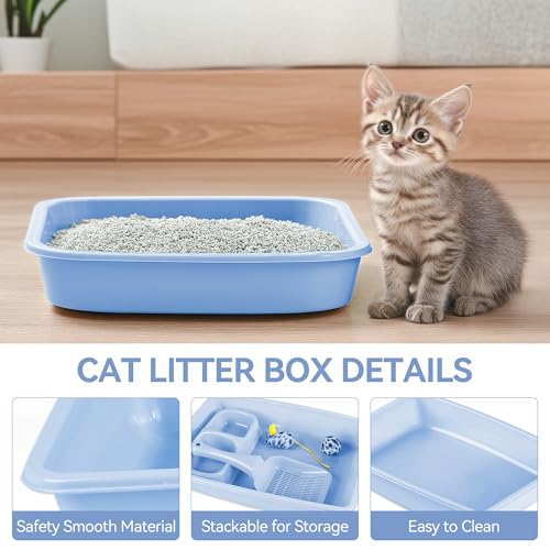 PAWISE Cat Litter Box Set, Small Cat Kitten Starter Kit, Includes Cats Toilet Kitten Litter Pan with Litter Scoop, Double Dish Cat Bowl, Kittens Mouse and Ball Toy - color: Blue