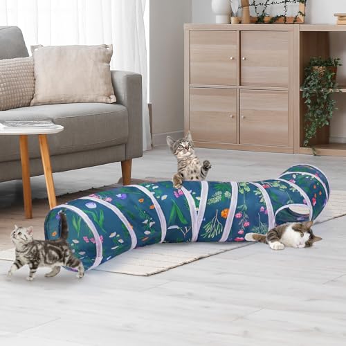 Glittme S-Shape Cat Tunnel, Foldable Cat Tunnels for Indoor Cats | Interactive Bunny Tunnel And Cat Tubes With Crinkle Sounds. Ideal For Kittens, Ferrets And Small Pets To Hide, Play Or Rest - color: Green flower branches
