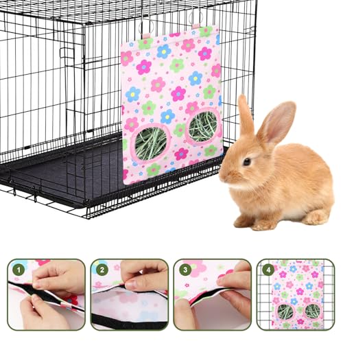 JarThenaAMCS 2 Pcs Rabbit Hay Feeder Bag with 2 Holes Guinea Pig Hanging Hay Feeding Bag Pink Floral Storage Dispenser for Chinchilla Hamster Bunny Small Animal Pet, 11.5 x 9 Inch