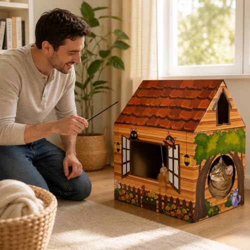 Cinrobiye Cardboard Cat House with Scratcher, Indoor Cat Condo Cat Cave Hideout with Scratch Pad, Cardboard Cat Playhouse Bed for Cats, Kittens, Rabbits & Small Pets (Brown2) - color: Brown2