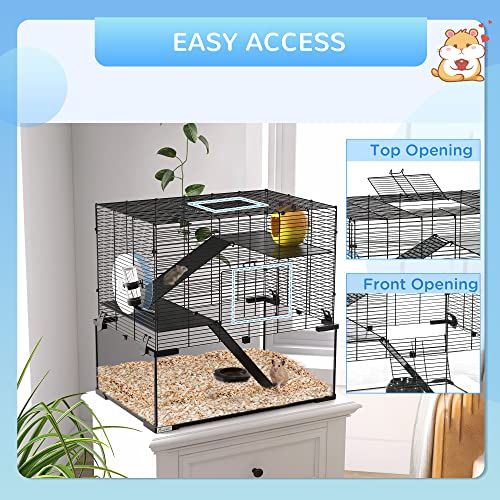 PawHut Large Hamster Cage with Deep Tempered Glass Bottom, 3 Tiers Hamster Tank with Running Wheel, Hut, Water Bottle, Dish, Rat Cage for Syrian, Dwarf, Gerbils, Mouse, 23.5" x 16" x 22.5", Black | 3 Tiers Hamster Tank, Running Wheel, Hut, Water Bottle, D