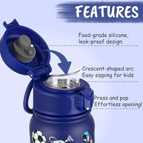 GOPPUS Kids Insulated Water Bottle 12oz, Leakproof Stainless Steel Thermos, BPA Free Double Wall Vacuum Insulated Bottle for School, Travel, Sports & Outdoor Activities, Boys Girls - color: Blue football