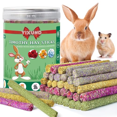 YIXUND 40-Pack Rabbit & Small Rodent Chew Sticks - Lavender, Timothy, Calendula, Rose - Dental Care & Boredom Relief
