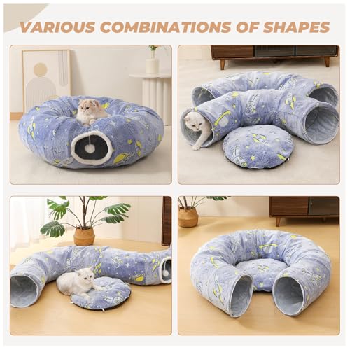 Under Christmas Tree Large Cat Tunnels Bed Tube for Indoor Cats Glows in The Dark Cat Tunnel with Cushion and Plush Ball Toy Toys for Dog Puppy Kitten Rabbit Bunnies Ferret Pet Blue - color: Blue Bed
