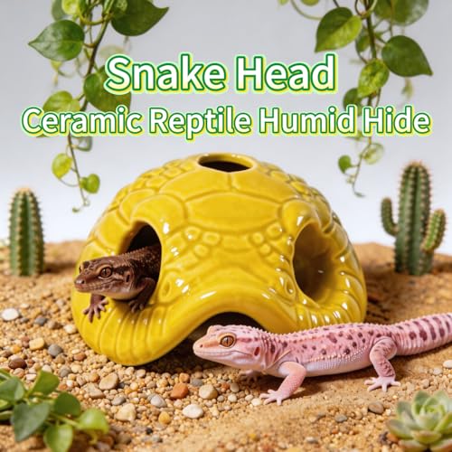 Snake Head Reptile Hide Cave, Yellow | Small Ceramic, Gecko Hideout with Water Reservoir, Mini Terrarium Decor, For Juvenile Snake, Lizard, Frog - color: Yellow