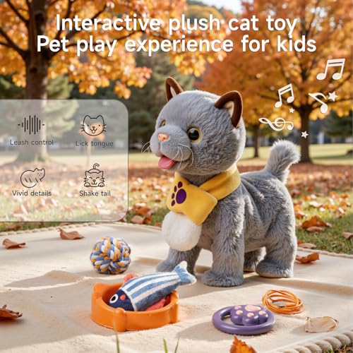 TUMAMA Walking Cat Set, Cat Toys for Kids Age 2 3 4 5+ Years | Wag Tail, Meows, Pretend Dress Up,Sing, Realistic Stuffed Cat