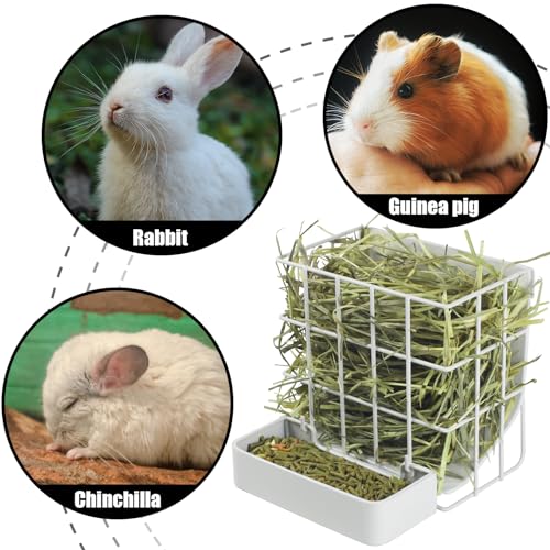 Rabbit Hay Feeder Guinea Pig Hay Feeder, Hay and Food Holder with Hook Heavy-Duty Metal Frame Hay Rack，for Bunny, Guinea Pigs,Chinchillas， Comes with Two Multifunctional Zippers-6.8x6.7x6.6inch - color: White, size: 1 piece Small