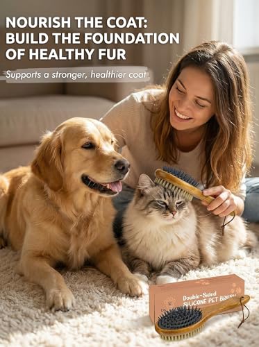 TAKAVU Short Hair Dog & Cat Deshedding Brush, Double-Sided Silicone Bristle | Grooming Brush for Pets, Gentle on Sensitive Skin, Wooden Handle, Reduces Shedding - color: White Boar Bristle & Silicone Brush