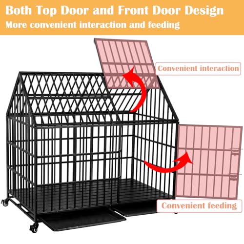 50 inch Heavy Duty Indestructible Dog Crate with 2 Bowls, Steel Double Door Indoor High Anxiety Cage for Large Giant Dogs, Escape-Proof Chew-Proof Pet Kennel with Trays and Wheels, Extra Large XL XXL - size: 49.2"L x 29.7"W x 46.3"H