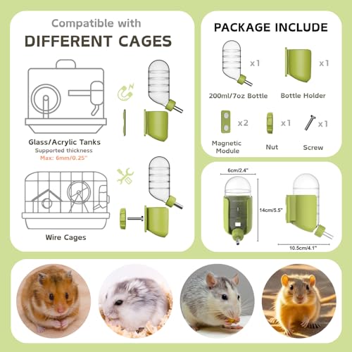Hamster Water Bottle with Magnetic Stents, Water Bottle Holder for Glass Tanks, Suitable for Syrian Dwarf Hamsters Gerbils Mice Rats Degus (Green, 7 oz (Magnetic-Mounted)) - color: Green, size: 7 oz (Magnetic-Mounted)