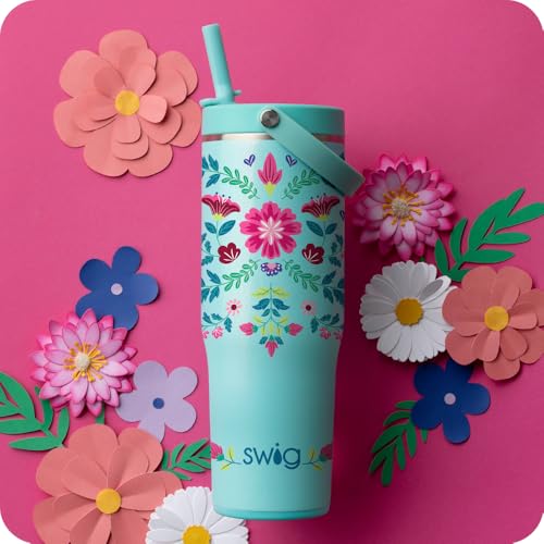 Swig Life 30oz Leakproof To-Go Tumbler with Handle, Flora Azul | Leakproof Lid - Triple Insulated Stainless Steel - Handle & Straw Included - Cup Holder Friendly - Dishwasher Safe - color: Flora Azul