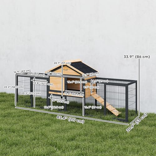 PawHut Rabbit Hutch Outdoor 85" Large with Steel Run for 2-3 Small Animals | Wooden Bunny Cage, Removable Tray, Waterproof Roof, Ramp, Metal Guinea Pig Cage, Rabbits, Chickens, Ducks, Backyard Garden