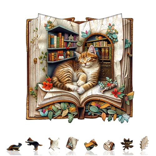 Animal 300 Pieces Wooden Puzzles for Adults - Cat in The Book | Unique Shapes Wooden Jigsaw Puzzles, Birthday Decor Gifts for Wood Puzzle Lovers, Family (12.6 * 12.4in) - color: Cat in the Book, size: Large